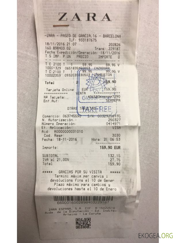 Reçu de paiement du magasin Zara